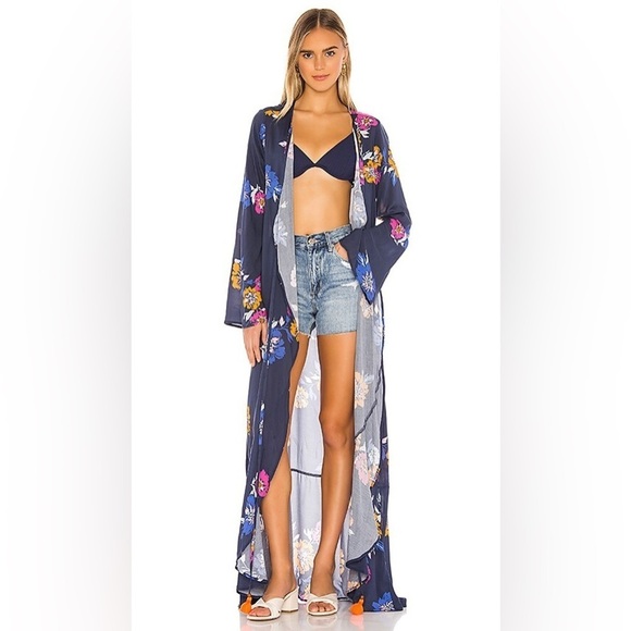 Maaji Make Waves Long Sleeve Kimono Maxi Wrap Dress or Coverup in Blue Floral M - Picture 3 of 13
